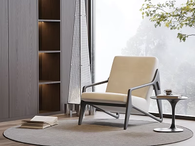 Modern Beige Leisure Chair with Black Frame Near Window on Gray Rug and Wooden Bookshelf 3d model