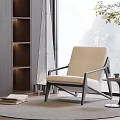 Modern Beige Leisure Chair with Black Frame Near Window on Gray Rug and Wooden Bookshelf