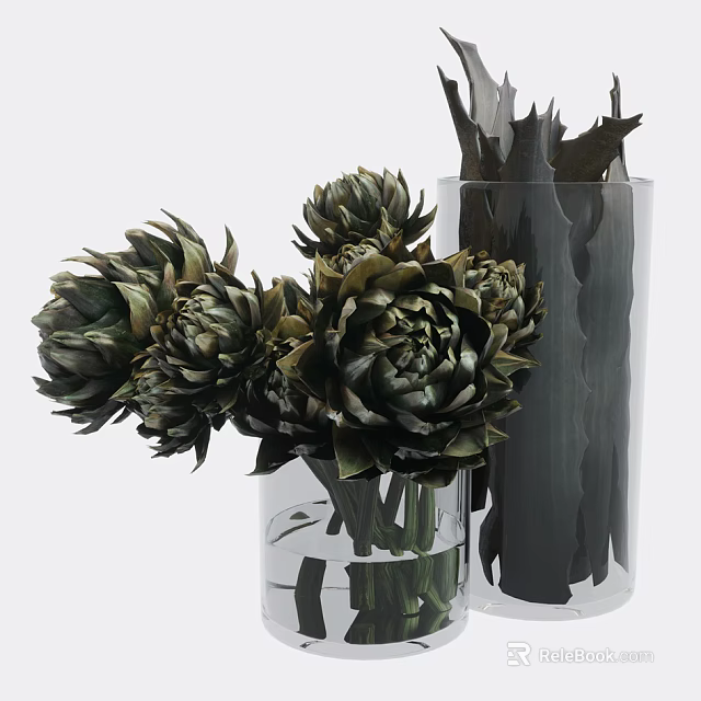 Transparent Glass Vases With Green Artichoke Like Flowers And Dark Elongated Plants 3d model 