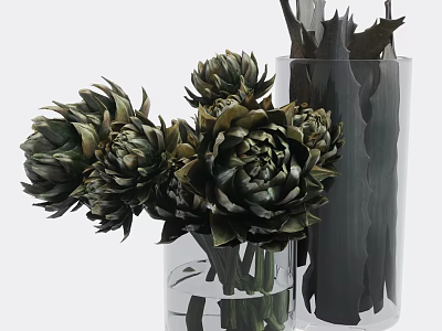 Transparent Glass Vases With Green Artichoke Like Flowers And Dark Elongated Plants 3d model
