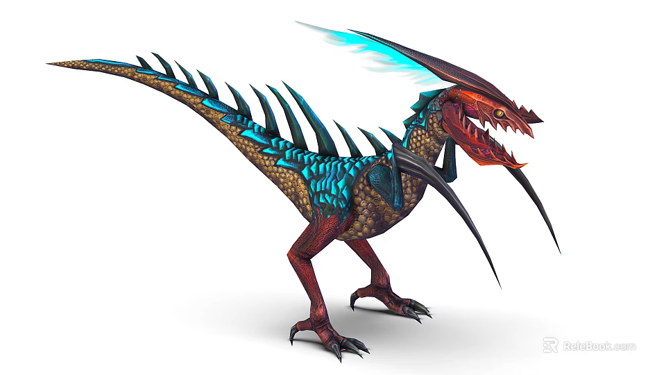 Fantasy Mythical Creature With Blue Wings Red Head Spikes And Sharp Claws 3d model 