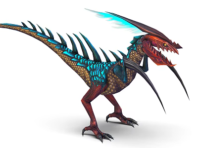 Fantasy Mythical Creature With Blue Wings Red Head Spikes And Sharp Claws 3d model