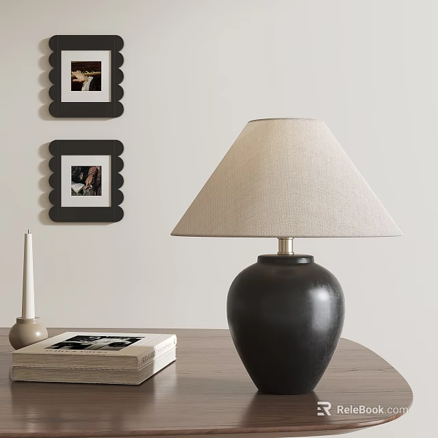 Modern Black Table Lamp With Beige Shade And Wall Photos Near Books And White Candle 3d model 
