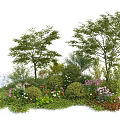 Lush diverse flowers and plants with green trees and pink white blooms in garden landscape