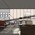 Modern Office Interior Design With Large Windows Sofa And Wooden Tables 3d model