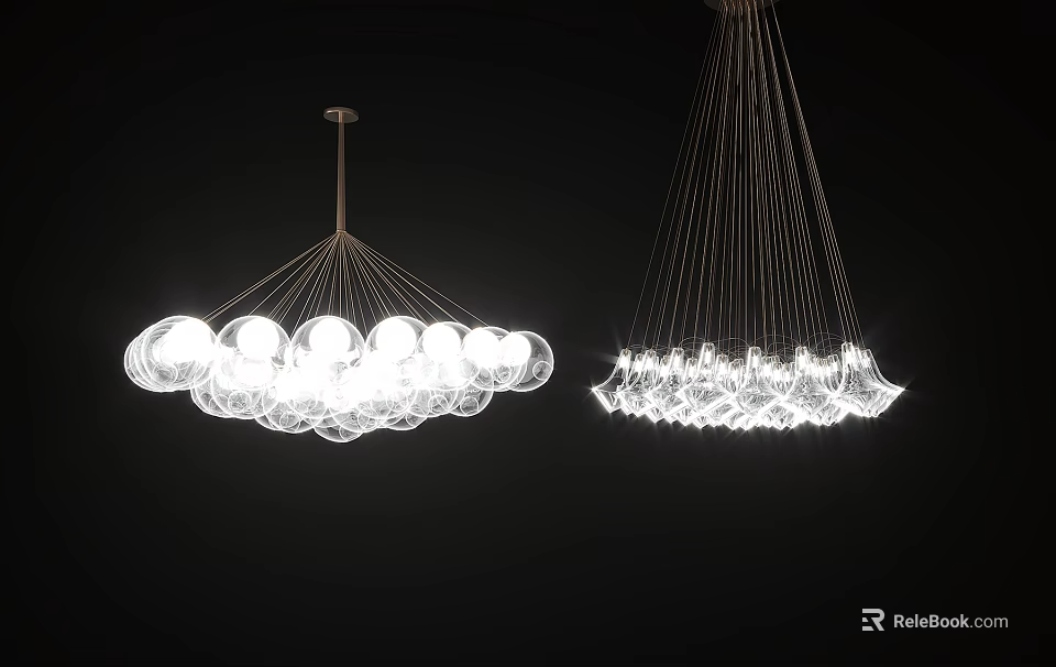 Modern Hanging Chandeliers With Transparent Spherical Glass Balls And Unique Illuminated Structure 3d model 
