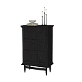 Dark Wooden Entryway Side Cabinet With Arched Door Panels And Decorative Top Ornaments