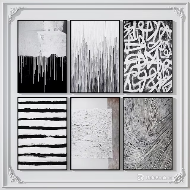 Black and White Abstract Wall Paintings With Various Textures And Patterns 3d model 
