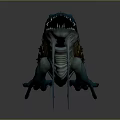 Blue Mythical Creature With Sharp Teeth Bumpy Growth And Fins In Open Mouth Stance