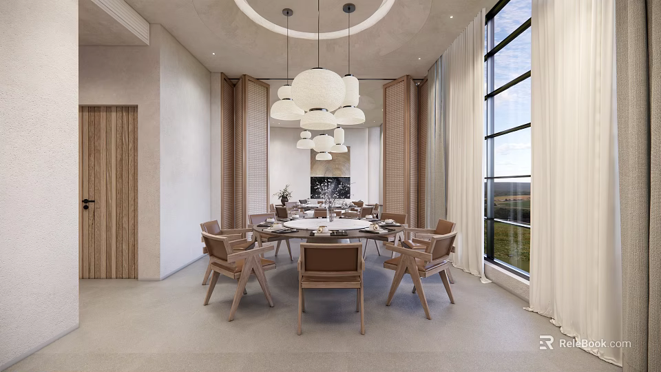 Modern Private Dining Room Interior With Round Table Pendant Lights Wooden Chairs And Large Windows 3d model 