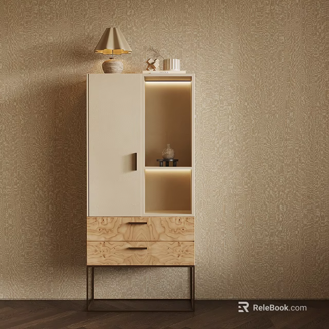 Warm Minimalist Side Cabinet With Built In LED Lighting And Natural Wood Storage Drawers 3d model 