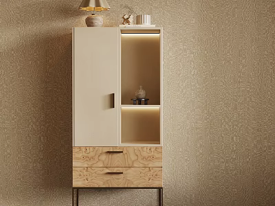 Warm Minimalist Side Cabinet With Built In LED Lighting And Natural Wood Storage Drawers 3d model
