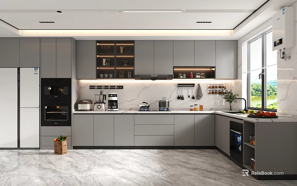 Modern Kitchen Interior Design With Gray Cabinets Marble Countertops Open Shelves And Appliances 3d model 