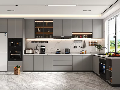 Modern Kitchen Interior Design With Gray Cabinets Marble Countertops Open Shelves And Appliances 3d model
