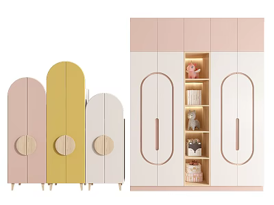 Colorful Modern Wardrobe Design With Curved Top Wooden Handles Open Shelves And Decorative Storage 3d model