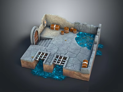Cartoon Dungeon Scene With Stone Walls Wooden Barrels Treasure Chests And Water Pools 3d model