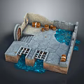 Cartoon Dungeon Scene With Stone Walls Wooden Barrels Treasure Chests And Water Pools