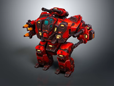 Smart Machine Red Armored Combat Mech With Multiple Weapons And Yellow Lights 3d model
