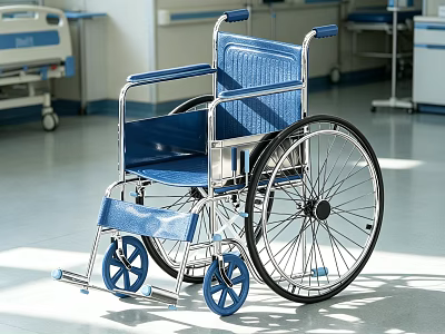 Medical Equipment Wheelchair With Durable Blue Seat And Stainless Steel Frame In Hospital Ward 3d model