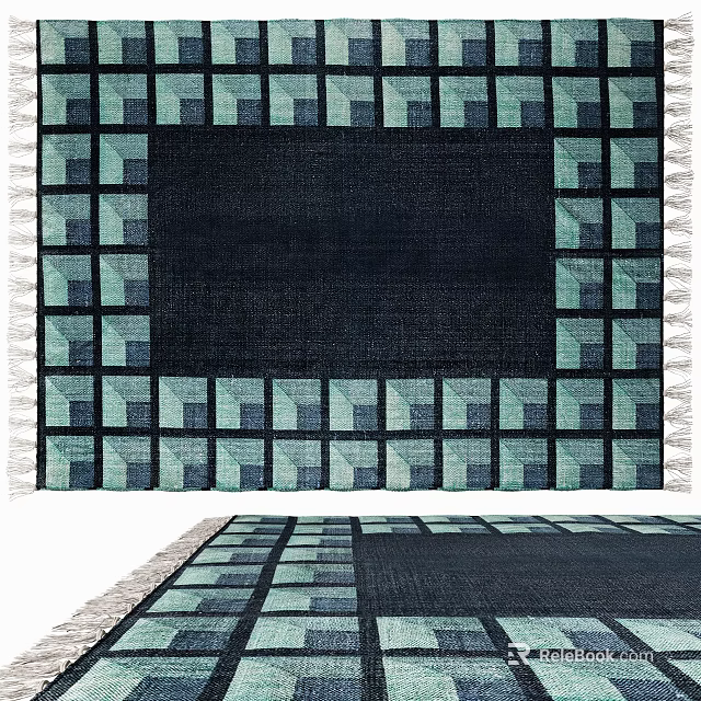 Modern Square Rug with Geometric Square Pattern Dark Center Teal Border Fringe Edges 3d model