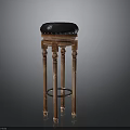 Wooden Bar Stool With Black Padded Seat Carved Legs And Footrest