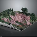Pink Terrain Topographic Model With Green Trees And Sloped Hillside Features