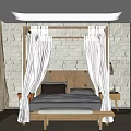 Modern Bedroom Interior Design With Canopy Bed White Drapes Wooden Panel Walls And Foot Bench