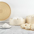 Bamboo Kitchenware Steamer Set with Lid for Steamed Buns in Home Kitchen 3d model