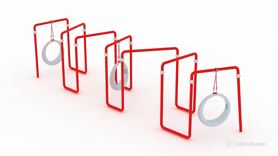 Outdoor Children Playground Equipment with Red Metal Frames and Gray Hanging Rings 3d model 