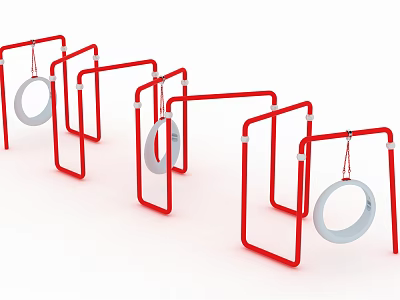 Outdoor Children Playground Equipment with Red Metal Frames and Gray Hanging Rings 3d model