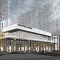 Modern Shopping Center Exterior Design With Glass Facade Outdoor Seating And Greenery