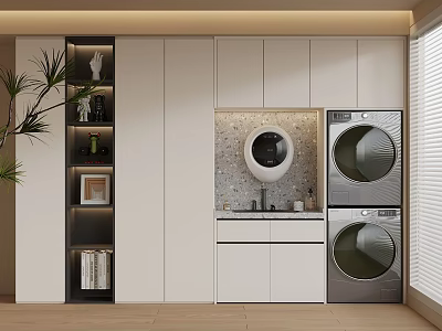 Modern Laundry Interior Design With Washing Machine Dryer White Cabinets And Storage Shelves 3d model