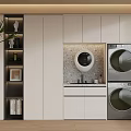 Modern Laundry Interior Design With Washing Machine Dryer White Cabinets And Storage Shelves