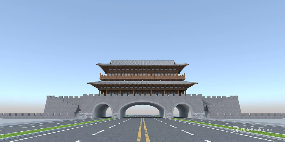 Ancient City Gate Architecture With Traditional Wooden Structure Stone Walls And Archways 3d model 