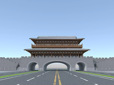 Ancient City Gate Architecture With Traditional Wooden Structure Stone Walls And Archways 3d model