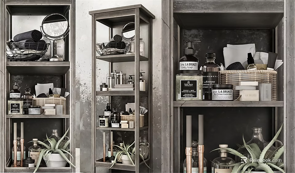 Bathroom Accessories Organized on Metal Shelves with Bottles Green Plants and Mirror 3d model 