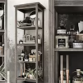 Bathroom Accessories Organized on Metal Shelves with Bottles Green Plants and Mirror