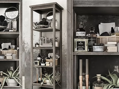 Bathroom Accessories Organized on Metal Shelves with Bottles Green Plants and Mirror 3d model