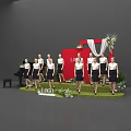 Art Installation With Female Performers Red Backdrop Logo Piano And Floral Decor
