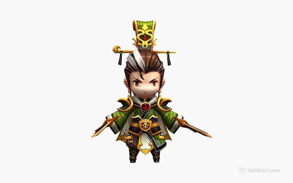 Ancient Style Game Character In Green Outfit With Ornate Headpiece And Weapons 3d model 