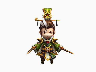 Ancient Style Game Character In Green Outfit With Ornate Headpiece And Weapons 3d model