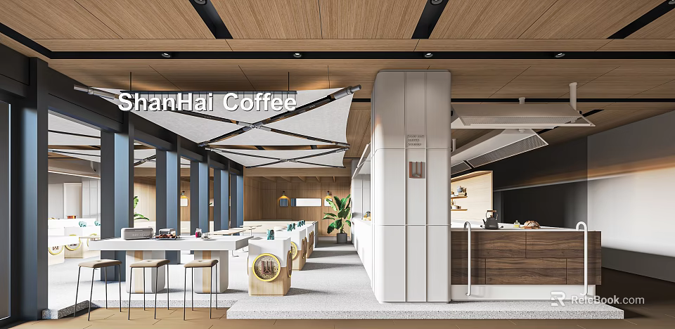 ShanHai Coffee Modern Interior With Wooden Ceiling White Awning Tables Chairs Kitchen Counter And Plants 3d model 