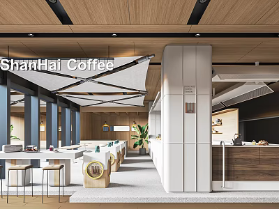 ShanHai Coffee Modern Interior With Wooden Ceiling White Awning Tables Chairs Kitchen Counter And Plants 3d model