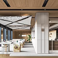 ShanHai Coffee Modern Interior With Wooden Ceiling White Awning Tables Chairs Kitchen Counter And Plants