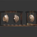 Traditional Percussion Music Equipment With Wooden Frame Hanging Gongs Tray Bowls And Drum