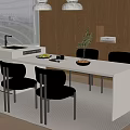White Dining Table with Four Beige Chairs Wooden Cabinets Pendant Lights and Tabletop Fruits Plant