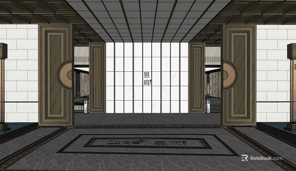 Traditional Garden Landscape Entrance With Wooden Lattice Doors Symmetric Decorations And Decorative Floor Tiles 3d model 
