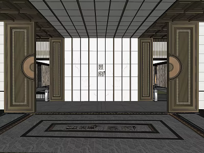 Traditional Garden Landscape Entrance With Wooden Lattice Doors Symmetric Decorations And Decorative Floor Tiles 3d model