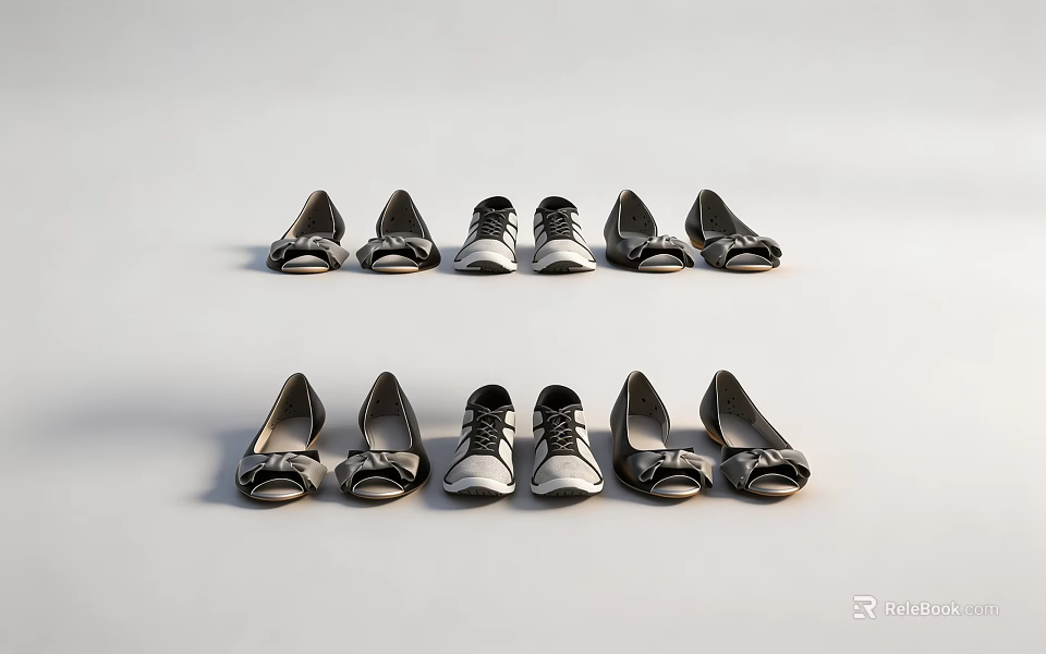 Black And White Patterned Shoes Including Flat Shoes And Sneakers In Two Rows 3d model 