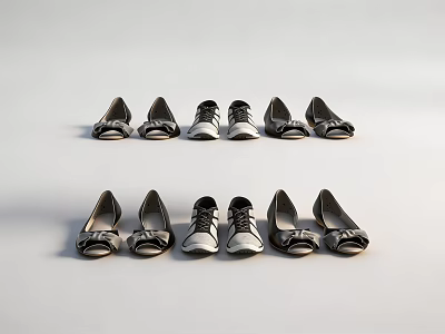 Black And White Patterned Shoes Including Flat Shoes And Sneakers In Two Rows 3d model